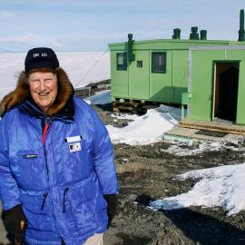 Sir Edmund Hillary outside the TAE hut