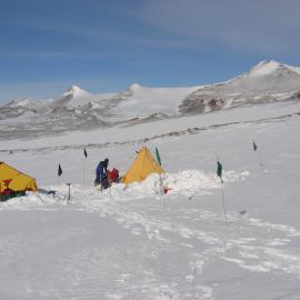 Our camp on a sunny day, Mount Brooke summit on the right