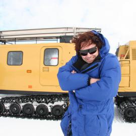 Gareth Farr in front of the Hagglund on the sea ice halfway to Cape Royds