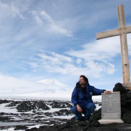 Gareth in front of the cross on the small hill near Scott's Hut at Cape Evans