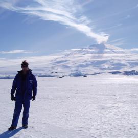 Gareth in front of a smoking Mt Erebus, on the sea ice halfway to Cape Royds