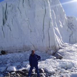 Gareth Farr in front of the Rhone Glacier in the Dry Valleys