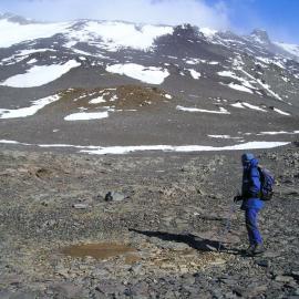 Mike on Greywacke, brown volcanics in background