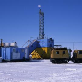 A Hagglunds tracked vehicle, parked in front of the Cape Roberts drill site