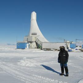 In front of the Andrill drill rig in the Southern McMurdo Sound