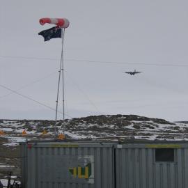 Kiwi Hercules overflying Gondwana Station before landing at Terra Nova Bay