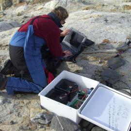 Downloading data from a bore hole station that is measuring temperature at various depths down to 29 m located at Marble Point