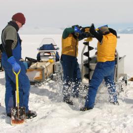 Using the jiffy to drill through sea ice and access the ocean beneath
