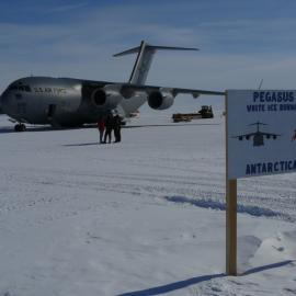 C17 on the Pegasus Runway, with the runway sign in the foreground
