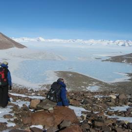 Enjoying the view of Lake Wellman, Darwin Mountains