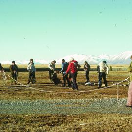 Practising roping up for travel in crevasse country, Tekapo, August 1976