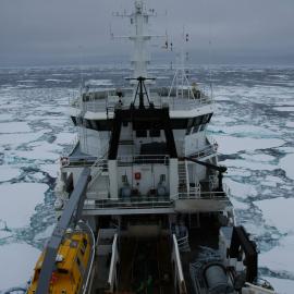 Research vessel Tangaroa going into pack ice in the Ross Sea. The extent of sea ice in the Ross Sea was greater than had been seen in the last thirty years