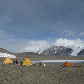 Campsite beside "Camp Lake", eastern Taylor Valley. Howard Glacier is on the left and the Asgard Range is in the background.