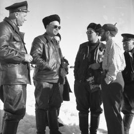 Russian expedition members talking to Australians (P.Law) at Haswell Island