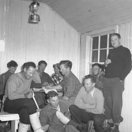 Trans Antarctic Expedition members in hut at Malte Brun