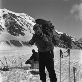 Murray Ellis carrying his gear to Malte Brun hut