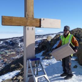 Test fitting Observation Hill Cross winter cover