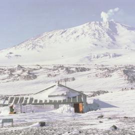 Scott's Hut with Erebus smoking behind 