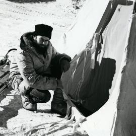 Surveyor Bill Wicks and polar tent damaged in gale