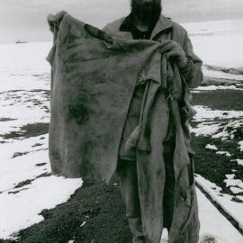 Roger Fyfe with long johns belonging to Apsley GB Cherry-Garrard