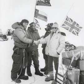 R Clark, OIC Scott Base greeting Trans-Globe Expedition