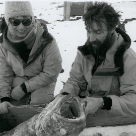Scientists with frozen fish
