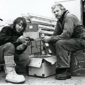 John Palmer and Jim Rankin looking over rock samples