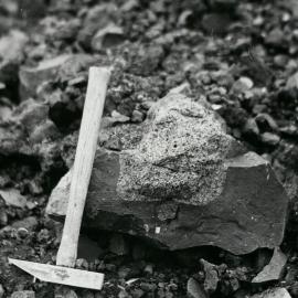 Peredotite inclusion in basalt boulder in scree slope