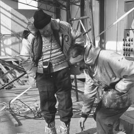 Frank O'Flynn, Minister of Defence with Doug Gibbons on Scott base construction site