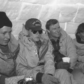 Roy Mohi, Bruce Grigg, Doug Gibbons, and Viv Smith inside igloo