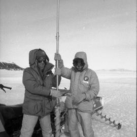 Ken Ryan| Ross Exley| with ice corer| used to obtain algae samples from under the Ross Sea ice