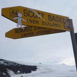 Flat Stanley Visits Antarctica - at the Scott Base sign