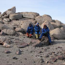 Margaret, Greer and Robert Take a rest after climbing to the basement near the Upper Wright Glacier