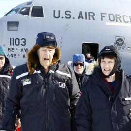 Sir Edmund Hillary and Prime Minister Helen Clark arriving in Antarctica