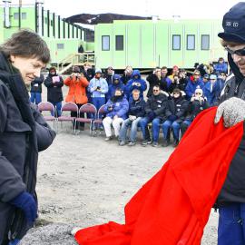 NZ Prime Minister Helen Clark and Sir Edmund Hillary Removing the Shroud from the Commemorative Plaque