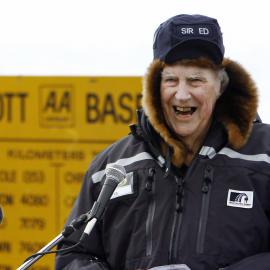 Sir Edmund Hillary Addressing the Crowd at the Scott Base 50th Anniversary Celebrations
