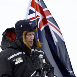 Sir Edmund Hillary Addressing the Crowd at the Scott Base 50th Anniversary Celebrations