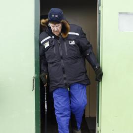 Sir Edmund Hillary Exiting Scott Base on his Last Visit