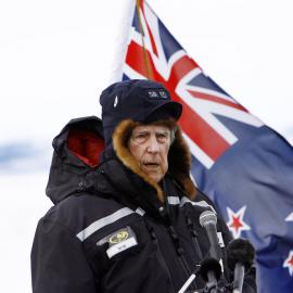 Sir Edmund Hillary Addressing the Crowd at the Scott Base 50th Anniversary Celebrations