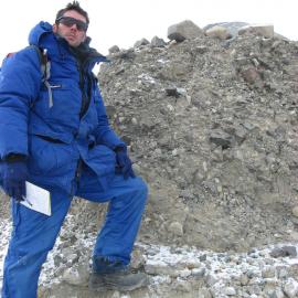 David by an interesting outcrop at Lake Welman, Darwin Mountains