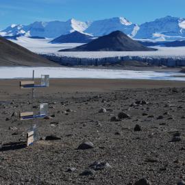 BSNE wind-blown soil collector on lower moraine of Garwood Glacier, looking west across Lake Colleen, toward Pewe Peak and the Royal Society Range