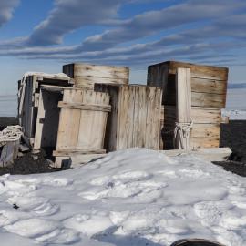 Weathered wooden boxes.