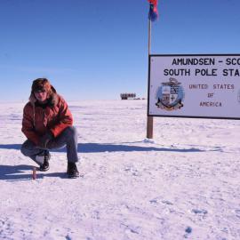 Tony Quayle at actual geographic South Pole (peg in snow)
