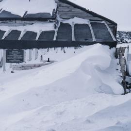 Snow drifts at the door of Scott's Hut, Cape Evans