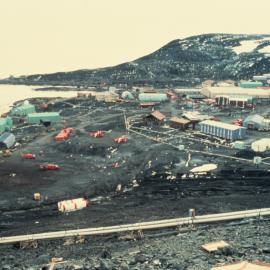 McMurdo Station - elevated view of McMurdo Station with pipeline in foreground
