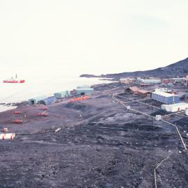 View of McMurdo Station from Observation Hill with a ship off the coast