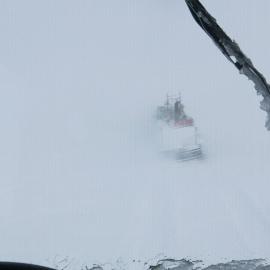A picture taken while driving in blowing snow