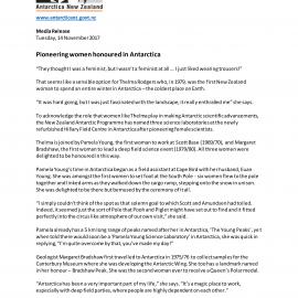 PR - Pioneering Women Honoured in Antarctica