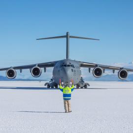 C-17 Globe master landing in Antarctica 
