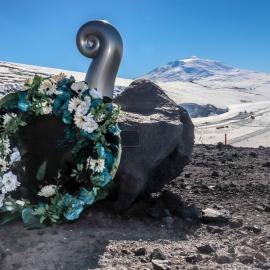 Erebus Memorial wreath at the koru, with Erebus in the background